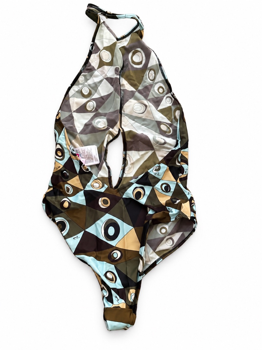 Emilio Pucci Deep V Halter One-Piece Swimsuit in Olive & Light Blue - Picture 3 of 4